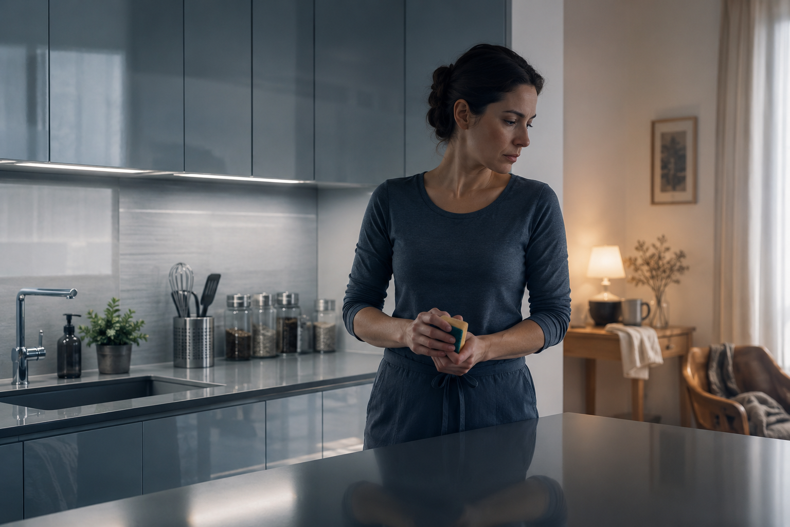 Una donna osserva una casa perfettamente pulita sentendosi ancora sopraffatta dal bisogno di controllo